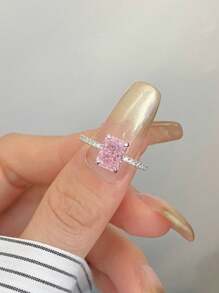 BALMORA 1 chiếc nhẫn hình chữ nhật mặt dây chuyền hoa băng bằng bạc Sterling S925 cao cấp, quà tặng đính hôn, cưới, ngày Valentine cho nữ. - Hồng - Xem 2