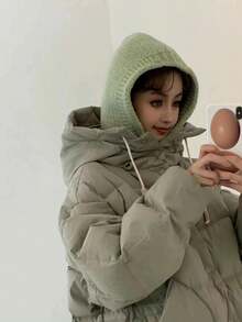 女款新款日韓風休閒大針織毛帽,帽頂附牛角釦設計,純色,簡單的耳保暖,暖和的雷鋒帽,秋冬配帽必備,一片式圍巾,時尚的拉法帽 - 薄荷綠 - 查看 6