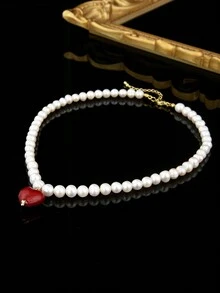 1條天然珍珠和紅色心型玻璃女士項鍊 - 白色 - 查看 2
