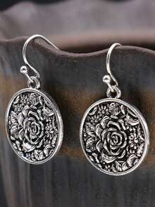 3入組/對流行珠寶耳環,合金珍珠花卉幾何設計吊墜耳環,適用於女性 - 復古銀色 - 查看 4