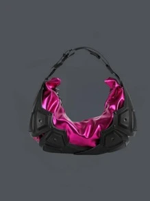 全新高階原創設計辣妹腋下包,個性潮酷深色機車包,時尚百搭拼接款式,ins風格,單肩包,斜挎包,手提包,耳機包 - 玫紅色 - 查看 1