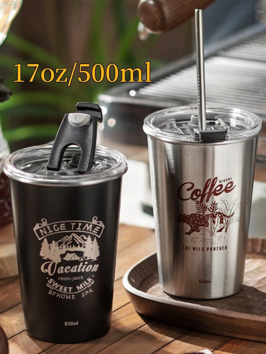 17oz/500ml不鏽鋼杯子,附蓋子、吸管,不易滴漏,保溫保冷,適用於家庭戶外野餐攜帶,黑色/灰色1入組 - 彩色 - 查看 1