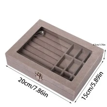 1個9格窗口玻璃透明法蘭絨珠寶盒,適用於戒指,項鍊,耳環和耳釘,防塵 - 灰色 - 查看 7