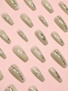 Sanrio 24pcs/Kit Vintage Style Mid-Long Printed Nails In Ice Green Color With Bamboo & Chinese Characters, Elegant And Minimal, Ballet Style. Including 1pc Jelly Gel And 1pc Nail File. - Multicolor - View 2