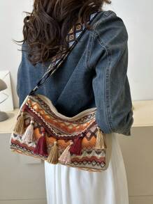 復古撞色幾何條紋時尚斜背包適合女士日常使用 - 橘色 - 查看 6