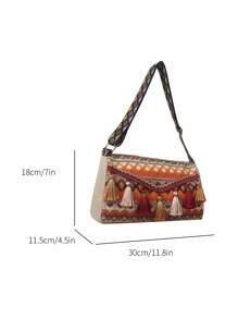 復古撞色幾何條紋時尚斜背包適合女士日常使用 - 橘色 - 查看 2