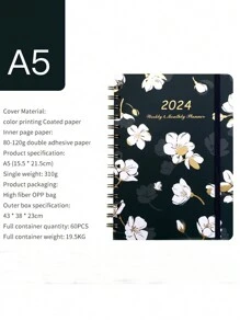 1pc 2024 Coil Notebook With Spiral Week Plan, Floral Schedule Book, English Diary - Multicolor - View 1