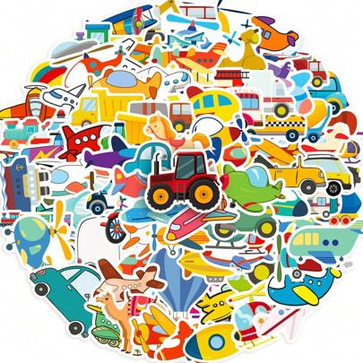 100张车贴，适用于水瓶、卡通卡车、汽车、飞机等，也可用于笔记本电脑、手机、行李箱、信封等，防水乙烯基贴纸套装，适合学生和青少年。