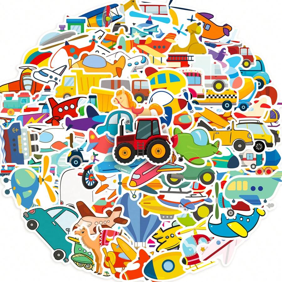 100/200pcs Vehicle Stickers For Water Bottles, Cartoon Truck Cars Airplanes Stickers For Laptops Phones Luggage Envelope, Vinyl Waterproof Stickers Pack For Students Teens - Multicolor - View 1