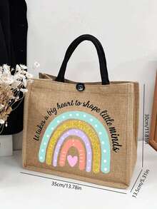 簡約字母印花亞麻托特包,多功能便攜托特包,教師讚賞亞麻袋,適用於女性禮品,教師節禮物 - 卡其色 - 查看 3