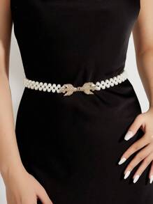 Women's Elastic Branch & Pearl Decor Belt With Buckle Closure - White - View 2
