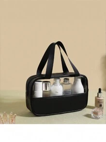 {1pc} Transparent Cosmetic Bag Waterproof Toiletry Bag Travel Handbag Printed Patchwork Storage Pouch - Black - View 4