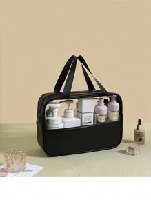 {1pc} Transparent Cosmetic Bag Waterproof Toiletry Bag Travel Handbag Printed Patchwork Storage Pouch - Black - View 3