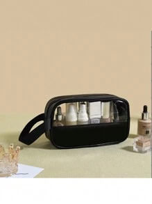 {1pc} Transparent Cosmetic Bag Waterproof Toiletry Bag Travel Handbag Printed Patchwork Storage Pouch - Black - View 5