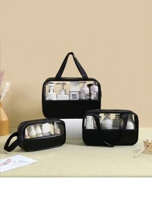 {1pc} Transparent Cosmetic Bag Waterproof Toiletry Bag Travel Handbag Printed Patchwork Storage Pouch - Black - View 1