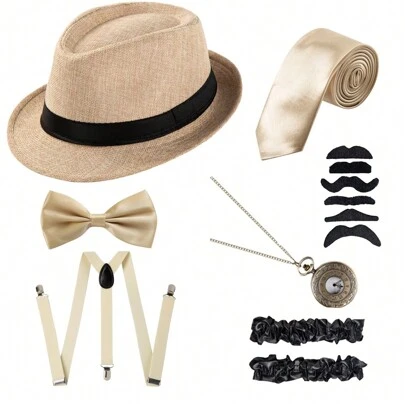 经典 1920 年代复古男士软呢帽配饰套装 了不起的盖茨比服装套装 万圣节配饰套装、1920 年代主题派对、晚会舞会