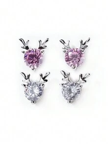 1pair 925 Silver Chic Minimalist & Elegant & Casual Cube Design Christmas Reindeer Stud Earrings Decorated With Cz, Suitable For Daily Wear, Parties And Birthdays Gift For Friends - Silver - View 1