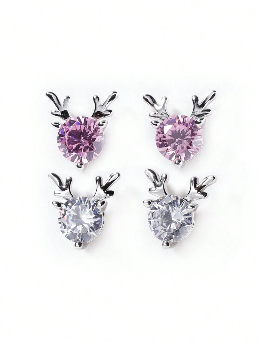 1pair 925 Silver Chic Minimalist & Elegant & Casual Cube Design Christmas Reindeer Stud Earrings Decorated With Cz, Suitable For Daily Wear, Parties And Birthdays Gift For Friends - Silver - View 1