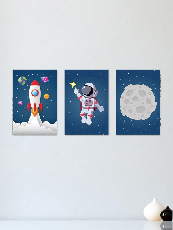Kit 3 Quadros Decorativos Infantil Quarto Menino Menina Bebe Astronauta Espaço Placas Decorativas - 0110ktpl