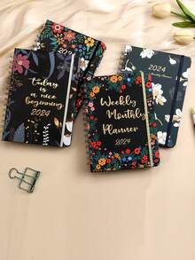 1pc 2024 Coil Notebook With Spiral Week Plan, Floral Schedule Book, English Diary - Multicolor - View 3