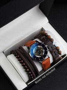 男士时尚休闲石英表，带日历和5件套手链，包括个性化表链和腕表 - 咖啡棕 - 查看 1