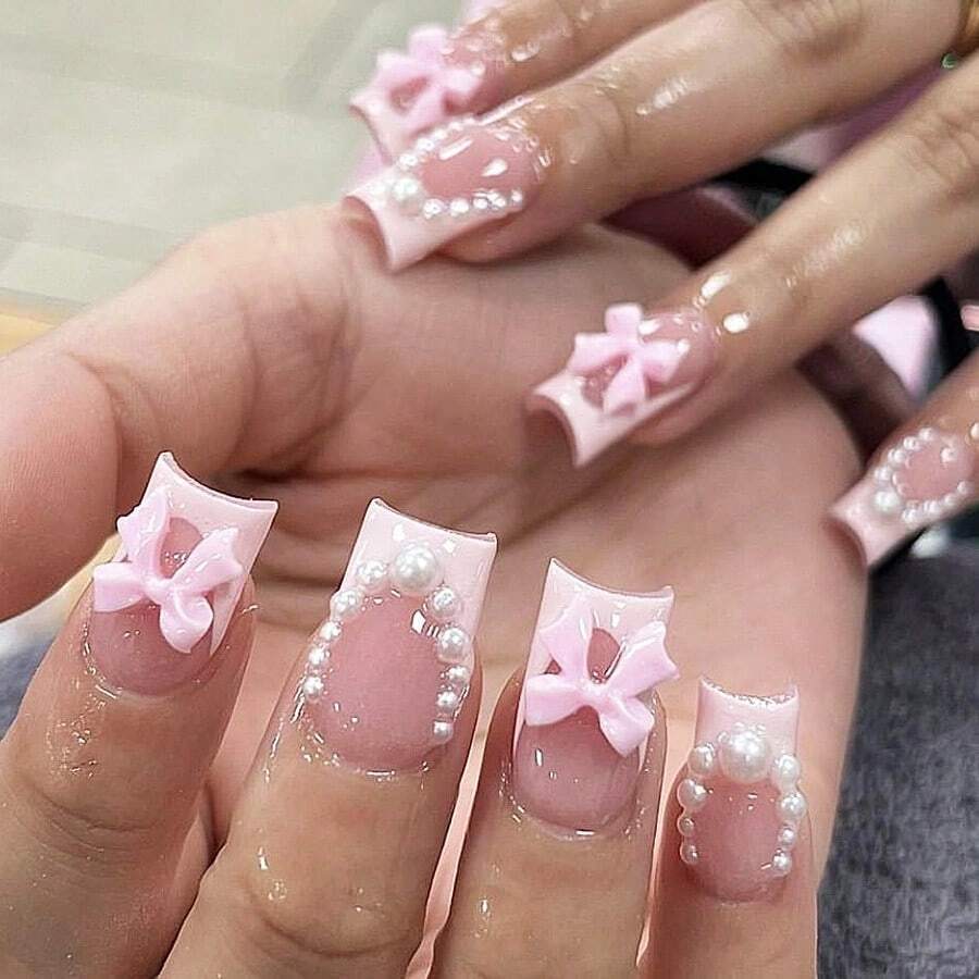 24 Pièces/set Kit De Faux Ongles Presson En Forme De Cercueil Moyen De Style Y2k Rose Avec