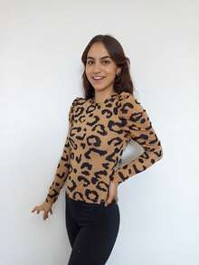Blusa Suéter Animal Print Estampado Dama Manga Larga Moda - Café integral - Ver 6