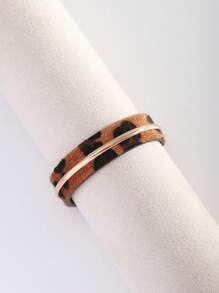 1件豹纹皮革表带和铜环装饰时尚个性化手链，女士款，欧美风格 - 深棕豹紋 - 查看 3