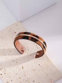 1件豹纹皮革表带和铜环装饰时尚个性化手链，女士款，欧美风格 - 深棕豹紋 - 查看 5