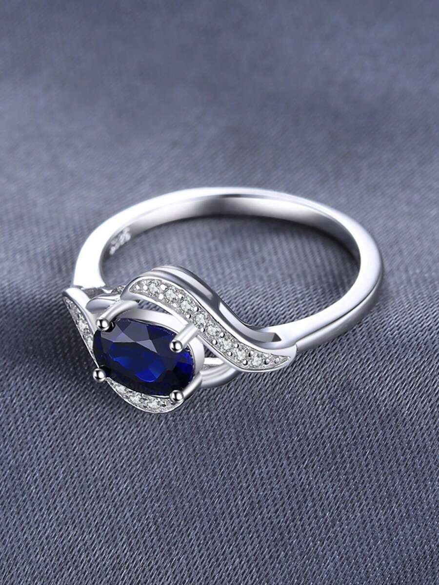 JewelryPalace 1入組魅力四射純銀精美橢圓形切實驗室製造藍色藍寶石銀戒指適合女士適用於舞會宴會適用於約會禮物精細首飾類 - 寶藍色 - 查看 1