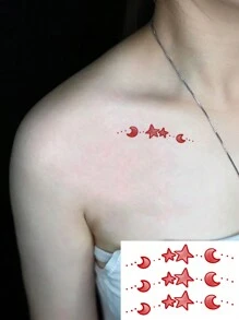 1 件可水洗临时纹身贴纸，带一排星星和月亮，防水防汗，适合时尚领袖的日常使用 - 紅色 - 查看 1