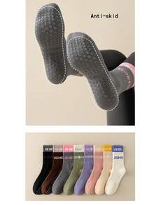 女性運動襪,防滑,雙條紋,中筒長度,適用於健身、瑜伽、跑步、普拉提 - 灰色 - 查看 4