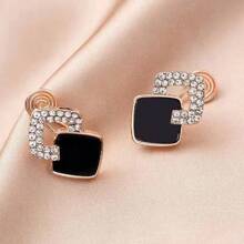 1對時尚合金鑲嵌方形黑色蚊香盤夾耳環,簡約獨特風格,適用於女性日常佩戴,冬季韓風百搭假耳洞耳飾 - 玫瑰金 - 查看 5
