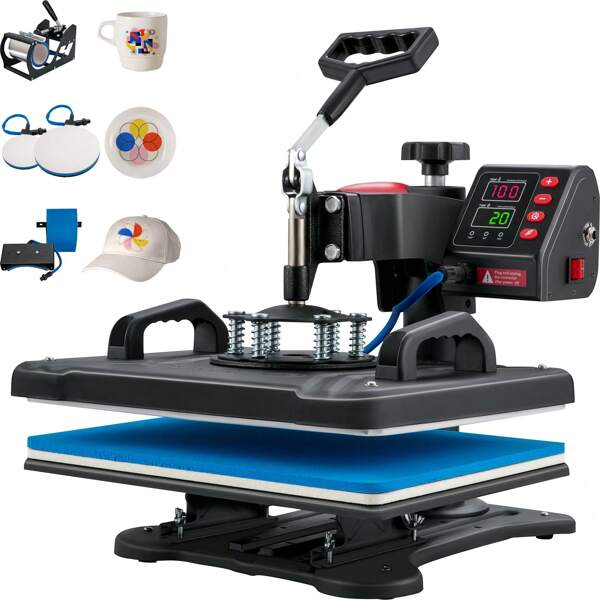 Heat Press Machine, 5 In 1 Combo 12 X 15 Inches, Fast Heating, 360 Swing Away Digital Sublimation T-Shirt Vinyl Transfer Printer With Anti-Scald Surface, Hat, Mug, Plate, ETL Listed, Black