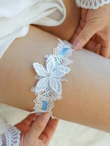 2 件蓝色花朵婚礼吊袜带蕾丝新娘吊袜带性感弹力大腿带适合日常/婚礼/派对使用 - 淺藍色 - 查看 6