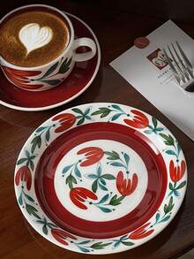 1 件復古芬蘭陶瓷圓盤,紅棕色花朵圖案甜點托盤,家用餐具,適合盛裝水果、沙拉、西餐,適合餐廳和家居生活 - 紅色 - 查看 6