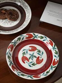 1 件復古芬蘭陶瓷圓盤,紅棕色花朵圖案甜點托盤,家用餐具,適合盛裝水果、沙拉、西餐,適合餐廳和家居生活 - 紅色 - 查看 7