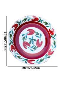 1 件復古芬蘭陶瓷圓盤,紅棕色花朵圖案甜點托盤,家用餐具,適合盛裝水果、沙拉、西餐,適合餐廳和家居生活 - 紅色 - 查看 2