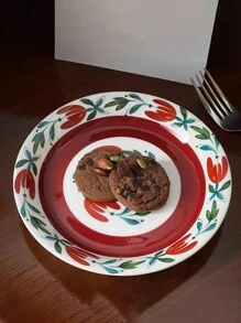 1 件復古芬蘭陶瓷圓盤,紅棕色花朵圖案甜點托盤,家用餐具,適合盛裝水果、沙拉、西餐,適合餐廳和家居生活 - 紅色 - 查看 3