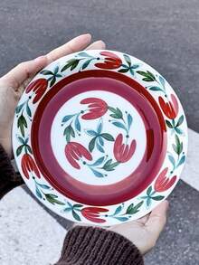 1 件復古芬蘭陶瓷圓盤,紅棕色花朵圖案甜點托盤,家用餐具,適合盛裝水果、沙拉、西餐,適合餐廳和家居生活 - 紅色 - 查看 4