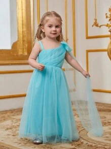 Toddler Girls' Shoulder Big Bowknot Mesh Party Dress - Baby Blue - View 7