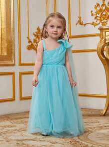Toddler Girls' Shoulder Big Bowknot Mesh Party Dress - Baby Blue - View 3