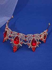 1 件裝新娘紅色巴洛克水滴形水鑽皇冠頭帶適合婚禮、派對、宴會、舞蹈、日常使用 - 紅色 - 查看 3