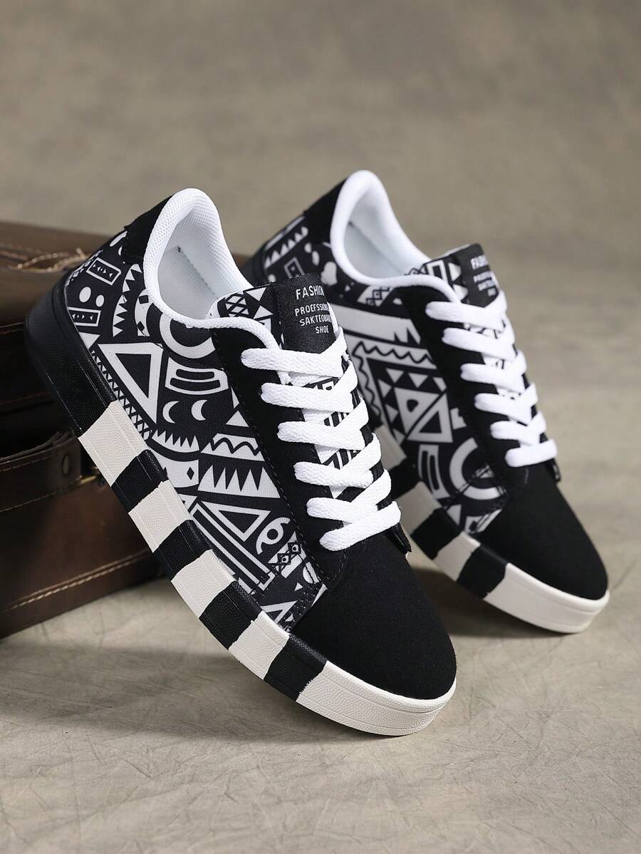 Women's Casual Skateboarding Shoes, Geometric Print, Comfortable, Versatile, Round Toe, Lace-Up, Outdoor Sports Hiking, Unisex
