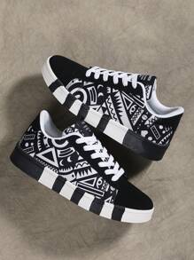 Women's Casual Skateboarding Shoes, Geometric Print, Comfortable, Versatile, Round Toe, Lace-Up, Outdoor Sports Hiking, Unisex