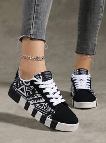 Women's Casual Skateboarding Shoes, Geometric Print, Comfortable, Versatile, Round Toe, Lace-Up, Outdoor Sports Hiking, Unisex