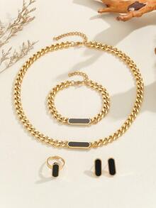 5 件/套女士不銹鋼幾何矩形鏈條項鍊、耳環、手鍊和戒指首飾套裝 - 金黑 - 查看 3