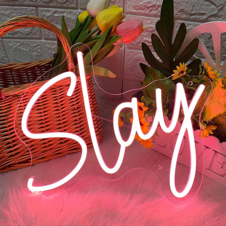 粉色slay霓虹燈,girls' Game Room、臥室、宿舍usb操作led燈,預備室牆面裝飾,生日、情人節禮物 - 彩色 - 查看 1