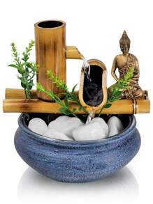 Fonte Estatua De Mesa Agua Cascata Feng Shui Bambu 18Cm - Azul + LED - Visão 4