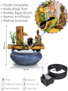 Fonte Estatua De Mesa Agua Cascata Feng Shui Bambu 18Cm - Azul + LED - Visão 2